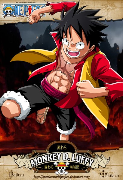 Anime picture 1537x2252 with one piece one piece film: z toei animation one piece world project monkey d. luffy bejitsu tekilazo300 single tall image looking at viewer short hair open mouth black hair black eyes inscription open clothes open shirt character names scar muscle