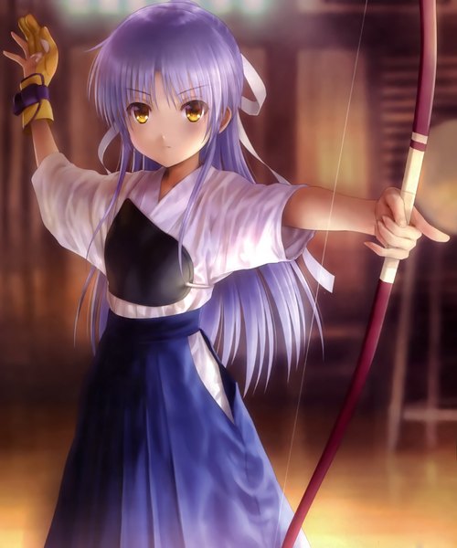 Anime picture 2096x2514 with angel beats! key (studio) tachibana kanade goto p single long hair tall image looking at viewer highres yellow eyes silver hair traditional clothes scan official art girl ribbon (ribbons) weapon hair ribbon bow (weapon)
