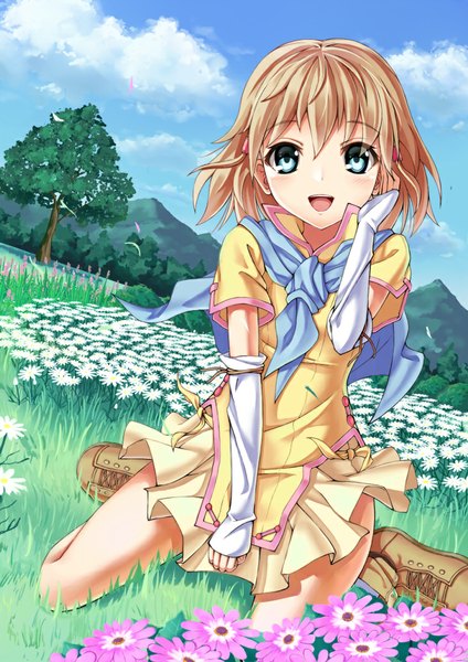 Anime picture 732x1035 with fire emblem nintendo mist (fire emblem) junnkinn single tall image looking at viewer blush short hair open mouth blue eyes smile brown hair sitting sky cloud (clouds) pleated skirt wind happy mountain
