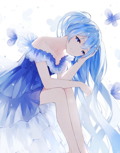 Anime picture 1449x1842 with vocaloid hatsune miku gkn levi single tall image looking at viewer fringe blue eyes simple background hair between eyes white background sitting twintails bare shoulders signed blue hair bent knee (knees) very long hair head tilt bare legs