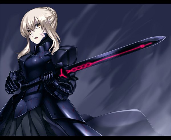 Anime picture 1000x820 with fate (series) fate/stay night fate/extra studio deen type-moon artoria pendragon (all) saber saber alter single fringe open mouth blonde hair standing yellow eyes dress gloves weapon sword armor armored dress