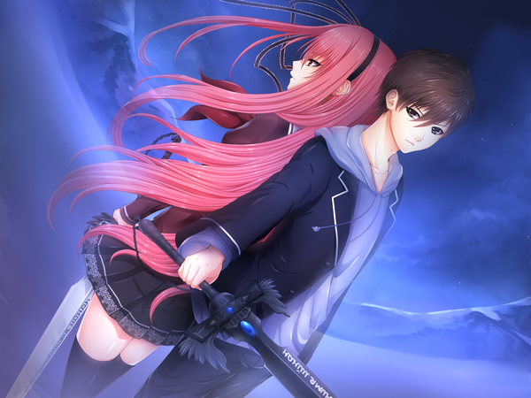 Anime picture 2400x1800 with holy knight kishimoto lilith mizumura shinta fukufuku (artist) long hair highres short hair black hair red eyes brown eyes pink hair open clothes open jacket couple back to back girl thighhighs boy skirt weapon