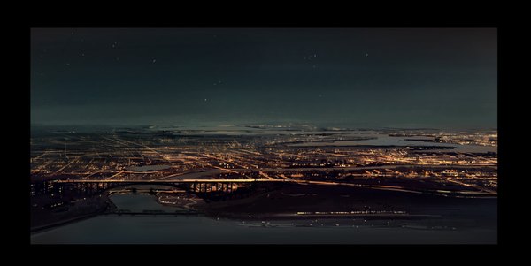 Anime picture 3500x1758 with original seo tatsuya highres wide image absurdres sky night city horizon cityscape landscape real world location star (stars) bridge new york