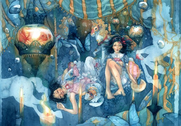 Anime picture 2138x1500 with original shuka (artist) long hair highres black hair multiple girls barefoot black eyes underwater girl dress ribbon (ribbons) 2 girls hair ribbon water insect butterfly mask bubble (bubbles) fish (fishes)