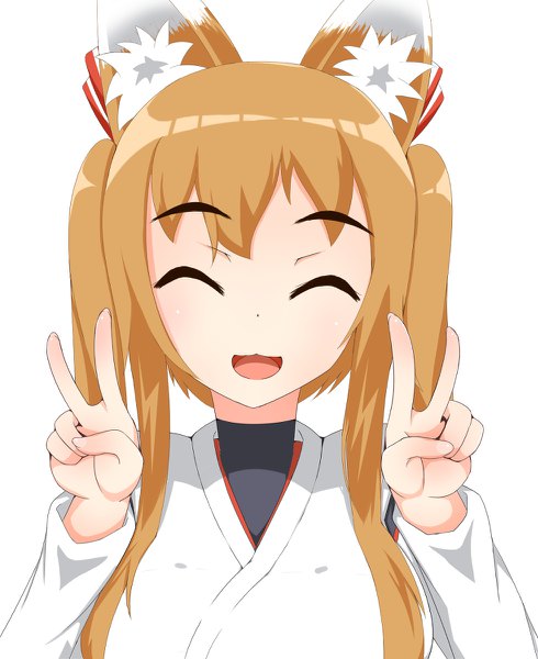 Anime picture 980x1200 with original grambo dc single long hair tall image fringe open mouth simple background smile brown hair white background twintails animal ears upper body eyes closed traditional clothes :d japanese clothes fox ears fox girl