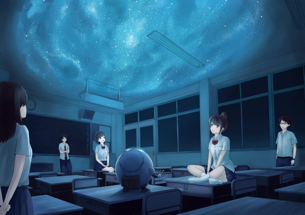 Anime picture 1636x1157 with original gensuke (ryun) long hair fringe short hair open mouth smile brown hair standing sitting multiple girls indoors pleated skirt from behind multiple boys grey eyes hair bun (hair buns) no shoes crossed arms hands behind back
