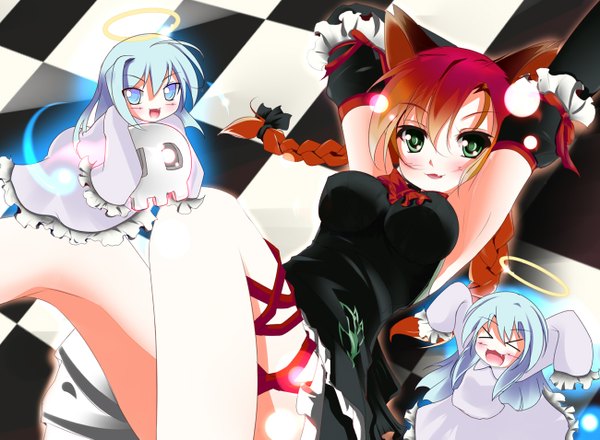 Anime picture 1300x955 with touhou kaenbyou rin zombie fairy so-ren (artist) long hair green eyes animal ears ahoge red hair cat ears armpit (armpits) checkered floor girl dress ribbon (ribbons) halo
