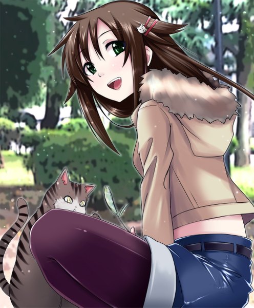 Anime picture 1000x1209 with idolmaster idolmaster cinderella girls himekawa yuki yunodon0315 single long hair tall image open mouth brown hair green eyes girl pantyhose jacket shorts cat