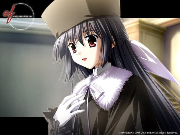 Anime picture 1600x1200 with ef shaft (studio) amamiya yuuko single long hair open mouth black hair smile pink eyes inscription girl gloves bow hair bow white gloves cap
