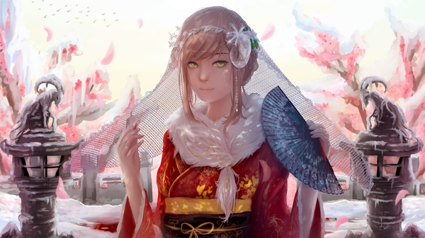 Anime picture 1920x1080 with original zerecas single long hair looking at viewer fringe highres blonde hair smile wide image holding yellow eyes braid (braids) traditional clothes japanese clothes sunlight hair bun (hair buns) fur trim cherry blossoms girl