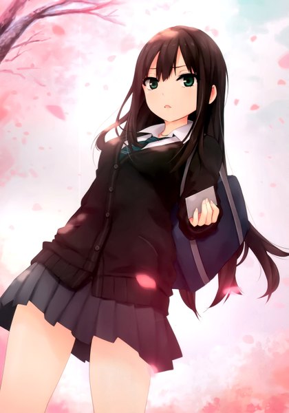 Anime picture 2101x3000 with idolmaster idolmaster cinderella girls shibuya rin coffee-kizoku single long hair tall image looking at viewer fringe highres open mouth black hair standing green eyes outdoors :d pleated skirt fingernails wind from below