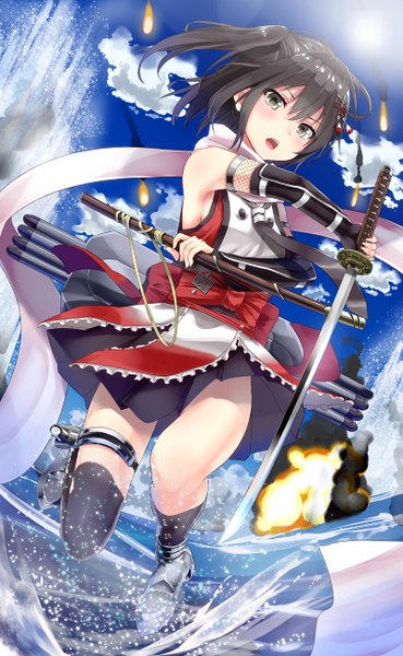 Anime picture 800x1300 with kantai collection sendai light cruiser warirui single tall image looking at viewer blush short hair open mouth black hair yellow eyes sky cloud (clouds) girl thighhighs weapon sword socks scarf katana