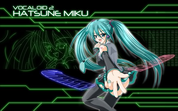 Anime picture 1920x1200 with vocaloid hatsune miku long hair highres wide image twintails green eyes green hair girl thighhighs headphones