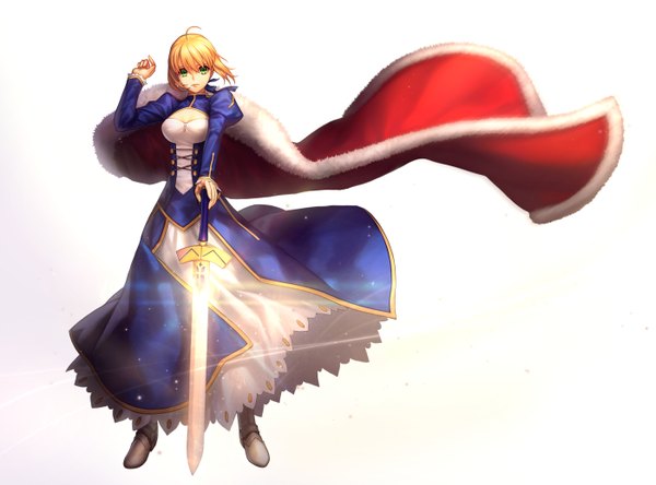 Anime picture 1400x1037 with fate (series) fate/stay night studio deen type-moon artoria pendragon (all) saber metto single looking at viewer short hair blonde hair white background green eyes girl dress weapon sword