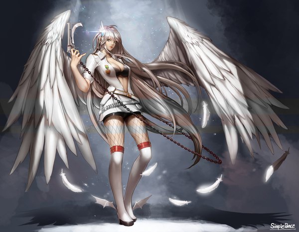 Anime picture 3913x3044 with dungeon and fighter female gunner (dungeon and fighter) monaim single looking at viewer fringe highres light erotic simple background standing holding absurdres silver hair full body bent knee (knees) very long hair arm up aqua eyes lips shadow