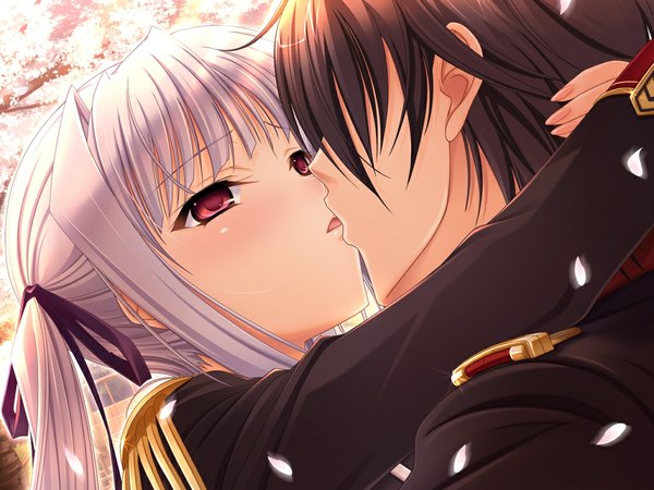 Anime picture 1024x768 with walkure romanze lisa eostre komori kei long hair short hair black hair red eyes game cg white hair couple kiss girl boy