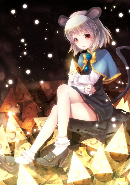 Anime picture 942x1333 with touhou nazrin nunucco single tall image looking at viewer blush short hair open mouth red eyes sitting animal ears tail animal tail grey hair high heels crossed legs crossed arms mouse ears mouse tail