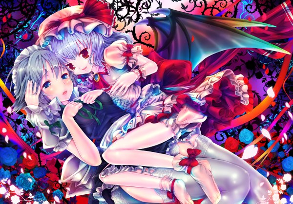 Anime picture 1200x839 with touhou remilia scarlet izayoi sakuya teruru short hair blue eyes red eyes maid girl