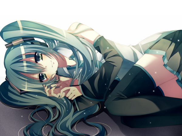 Anime picture 1600x1200 with vocaloid hatsune miku white background girl thighhighs
