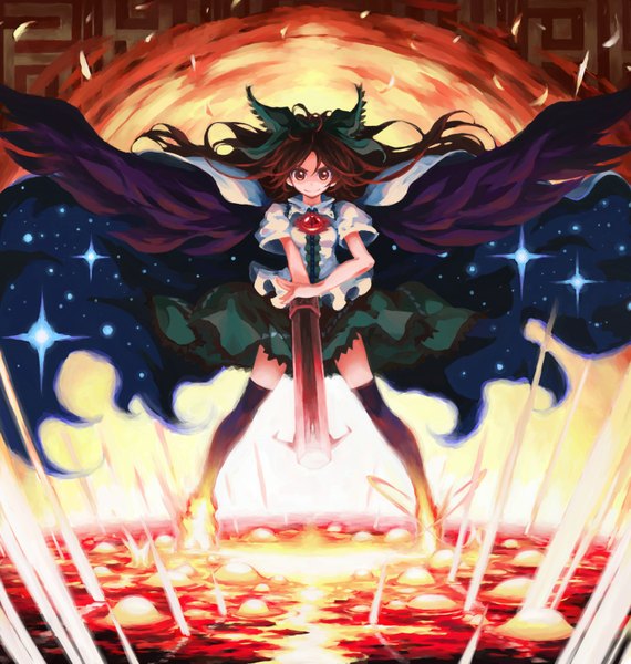 Anime picture 1500x1579 with touhou reiuji utsuho iseki (kuroshura no tabiji) single long hair tall image looking at viewer smile red eyes brown hair wind magic black wings starry sky print arm cannon lava girl thighhighs bow weapon