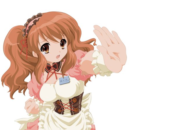 Anime picture 1600x1200 with suzumiya haruhi no yuutsu kyoto animation asahina mikuru long hair open mouth white background brown eyes maid frilly skirt skin tight girl choker headdress maid headdress wrist cuffs corset teardrop fist badge stop