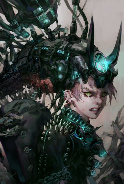 Anime picture 750x1109 with original cucuzi single tall image short hair simple background blonde hair green eyes horn (horns) grey background teeth grin piercing angry frown mechanical mechanical parts earrings headdress blood