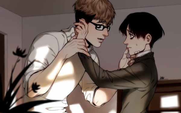 Anime picture 1891x1178 with killing stalking oh sangwoo yoon bum aoi fade fringe highres short hair open mouth black hair hair between eyes brown hair wide image indoors profile multicolored hair lips multiple boys eyebrows shounen ai hand on face