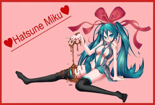 Anime picture 1221x826 with vocaloid hatsune miku tsukamoto akira single long hair breasts light erotic simple background twintails green eyes green hair arm support character names mouth hold border valentine girl thighhighs navel bow