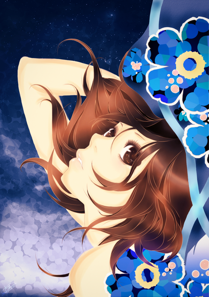Anime picture 1055x1500 with mascara blues (manga) xxajisaixx single long hair tall image brown hair bare shoulders brown eyes lips night night sky coloring girl flower (flowers) star (stars)