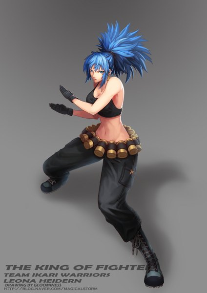 Anime picture 992x1403 with the king of fighters snk leona heidern gloomines (evolvis) single long hair tall image looking at viewer blue eyes simple background blue hair full body grey background shadow fighting stance girl gloves navel boots