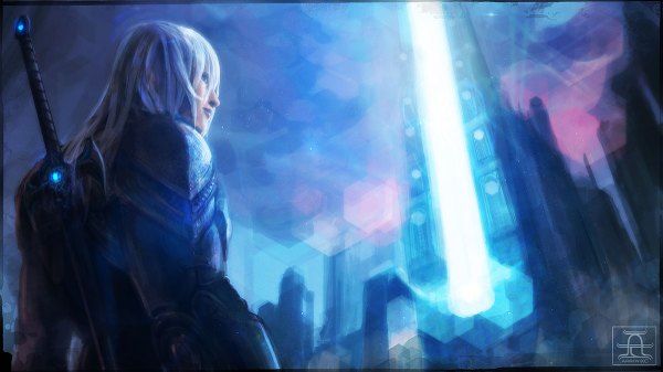 Anime picture 1200x675 with original arsenixc long hair wide image white hair fantasy gate boy sword
