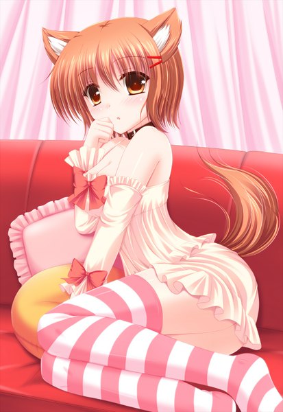 Anime picture 1082x1572 with original shimotsuki keisuke single tall image looking at viewer blush short hair light erotic brown hair brown eyes animal ears tail animal tail girl thighhighs dress bow striped thighhighs