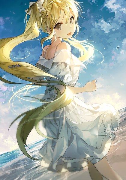 Anime picture 700x1000 with original sorolp single long hair tall image looking at viewer fringe open mouth blonde hair smile hair between eyes twintails bare shoulders brown eyes signed payot sky cloud (clouds) looking back sunlight