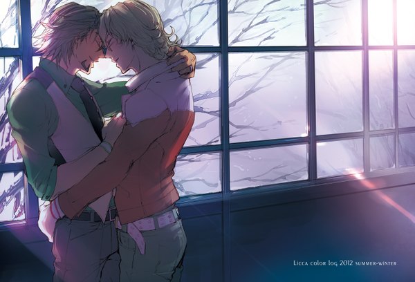 Anime picture 1321x900 with tiger & bunny sunrise (studio) kaburagi t. kotetsu barnaby brooks jr. short hair blonde hair smile brown hair eyes closed inscription hug landscape shounen ai boy plant (plants) tree (trees) necktie window