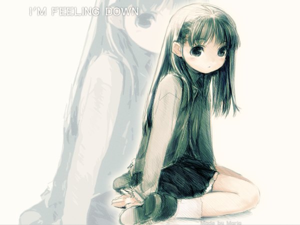 Anime picture 1024x768 with original kawata hisashi single long hair looking at viewer white background sitting full body loli wariza soles zoom layer sketch girl skirt