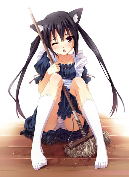 Anime picture 850x1170 with k-on! kyoto animation nakano azusa senji (tegone spike) single long hair tall image blush open mouth light erotic black hair twintails brown eyes animal ears tail animal tail one eye closed wink cat ears maid