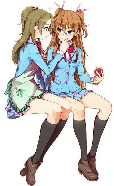 Anime picture 613x1000 with precure suite precure toei animation houjou hibiki minamino kanade minazuki randoseru long hair tall image blush fringe blue eyes simple background brown hair white background sitting green eyes profile pleated skirt two side up shoujo ai