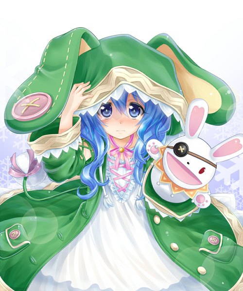 Anime picture 833x1000 with date a live yoshino (date a live) yoshinon okitakung single long hair tall image looking at viewer blush blue eyes blue hair loli girl dress hood toy stuffed animal hand puppet