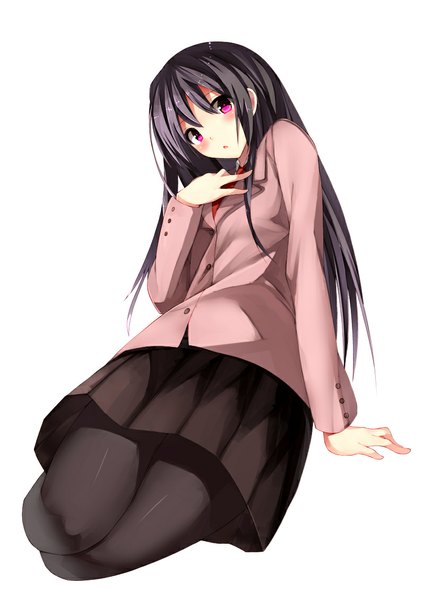 Anime picture 800x1131 with original iori (cpeilad) single long hair tall image looking at viewer blush black hair simple background white background purple eyes girl skirt pantyhose
