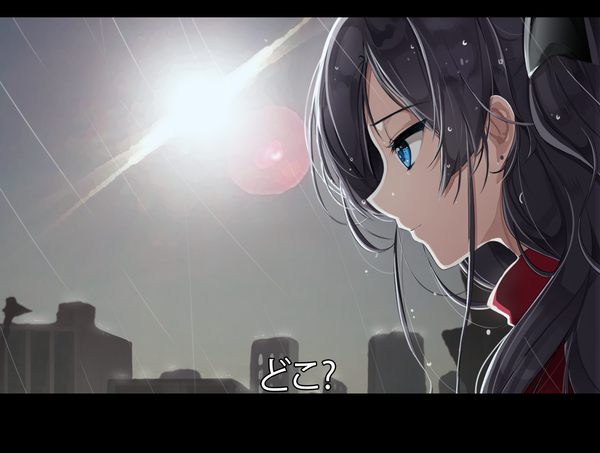 Anime picture 1379x1043 with fate (series) fate/stay night type-moon toosaka rin primcoco (jooarose) single long hair blue eyes black hair profile lens flare rain girl bow hair bow