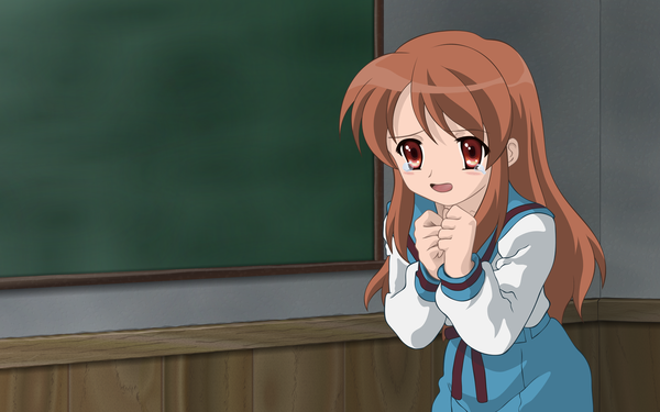 Anime picture 3840x2400 with suzumiya haruhi no yuutsu kyoto animation asahina mikuru single long hair highres red eyes brown hair wide image indoors tears vector screenshot girl serafuku blackboard