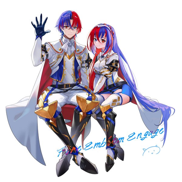 Anime picture 1500x1500 with fire emblem fire emblem engage nintendo alear (fire emblem) alear (female) (fire emblem) alear (male) (fire emblem) peach luo looking at viewer fringe short hair blue eyes simple background smile hair between eyes red eyes white background sitting blue hair red hair very long hair