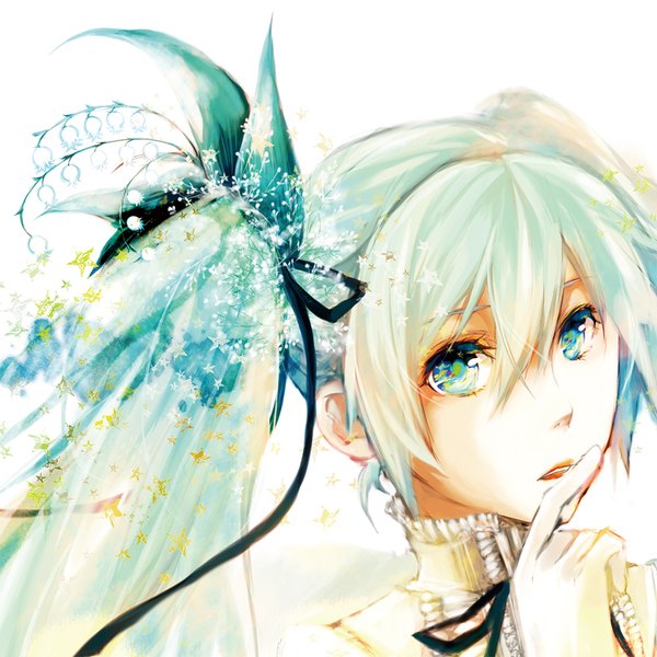 Anime picture 1000x1000 with vocaloid hatsune miku umu single looking at viewer open mouth twintails multicolored hair finger to mouth multicolored eyes girl hair ornament flower (flowers) bow ribbon (ribbons) hair ribbon lily of the valley