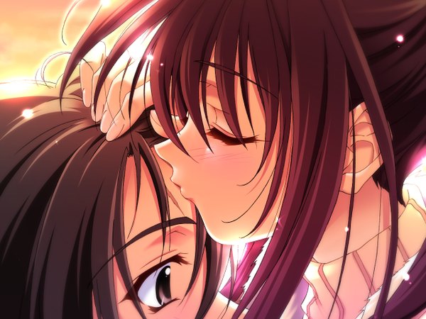 Anime picture 1280x960 with blush brown hair kiss forehead kiss tagme