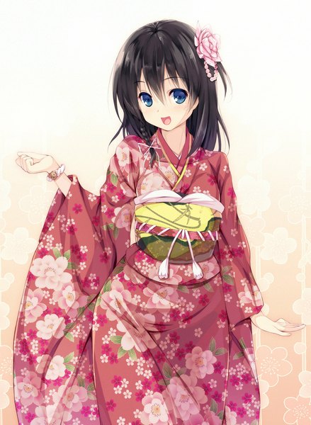 Anime picture 750x1024 with original senji (tegone spike) single long hair tall image looking at viewer blush open mouth blue eyes black hair traditional clothes japanese clothes girl hair ornament kimono obi