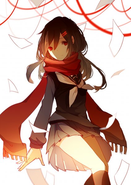 Anime picture 1200x1696 with kagerou project shaft (studio) tateyama ayano prophet chu single long hair tall image looking at viewer blush black hair red eyes light girl skirt uniform hair ornament ribbon (ribbons) school uniform socks hairclip