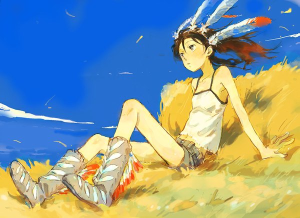 Anime picture 1375x1000 with original niwa single long hair blush brown hair sitting bare shoulders cloud (clouds) wind girl navel shorts boots feather (feathers)