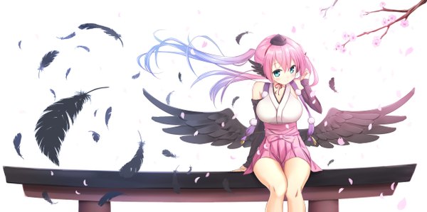 Anime picture 2480x1238 with inu x boku ss david production sora46 single long hair highres blue eyes wide image sitting twintails pink hair scan official art girl flower (flowers) hat petals wings feather (feathers) mini hat