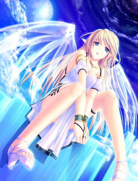 Anime picture 967x1267 with original tenmaso single long hair tall image blue eyes blonde hair sitting sky cloud (clouds) pointy ears transparent girl dress wings
