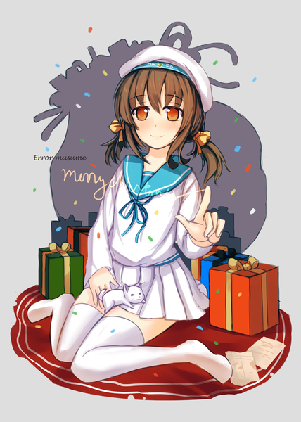 Anime picture 1000x1400 with original sekigan single tall image blush short hair smile brown hair sitting orange eyes christmas merry christmas girl thighhighs animal white thighhighs cat gift paper